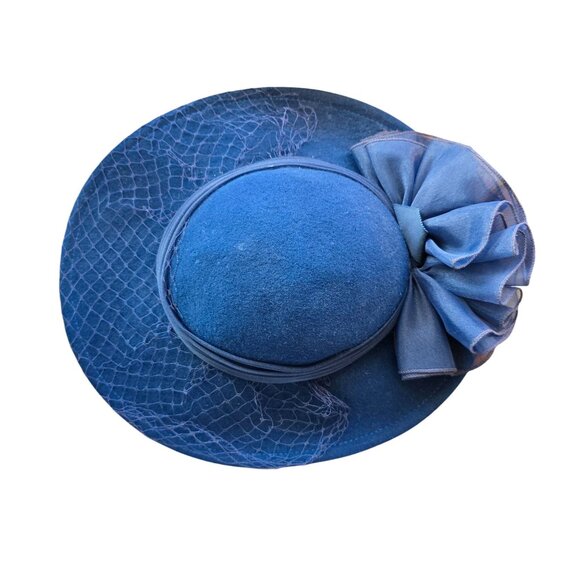 Vtg Betmar Veiled Derby Hat Womens Navy Wide Brim Formal Hatinator Fascinator - Picture 4 of 8